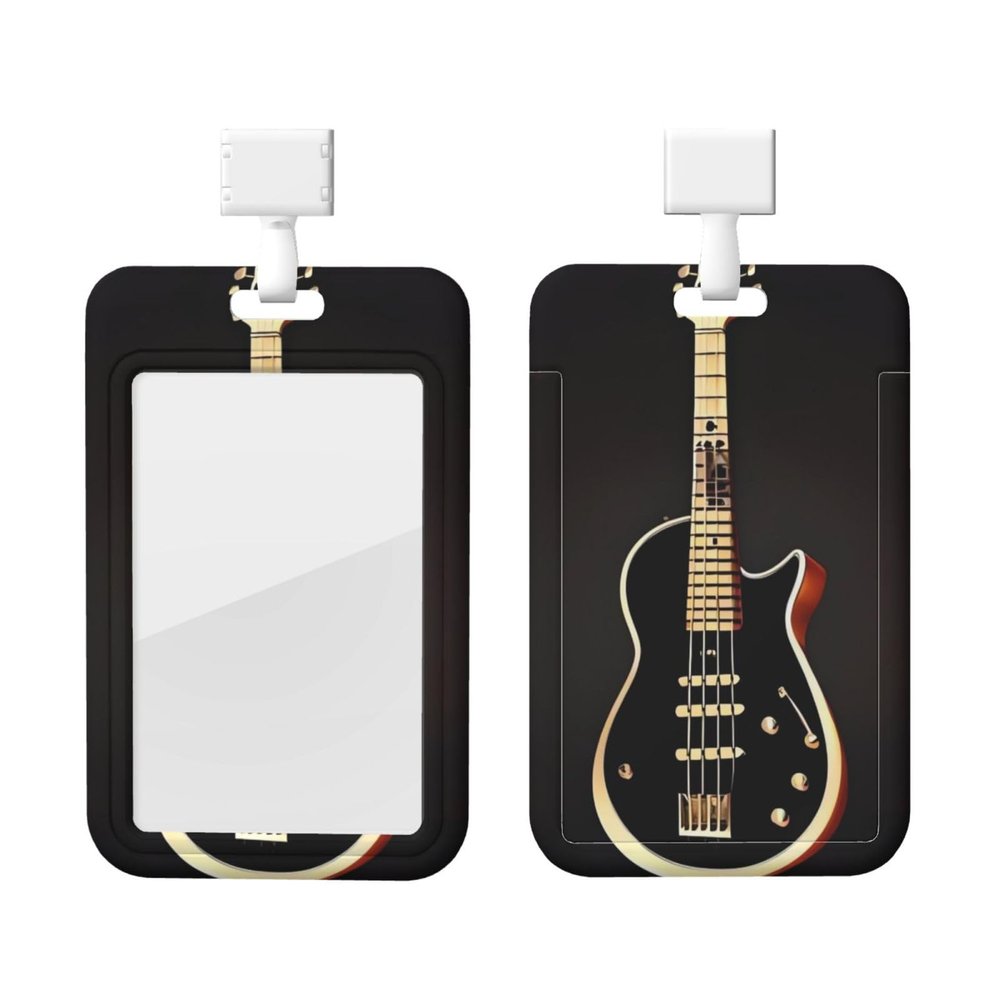 Sliding ID Badge Holder with Clear Window, Black Guitar Design