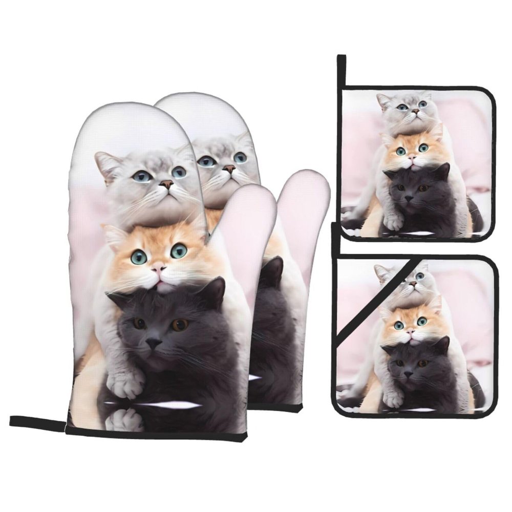 Cat Oven Mitts and Pot Holders, Heat-Resistant, Non-Slip, 4-Piece Set