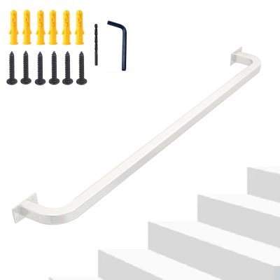 Stair Railing Handrail, Forged-Iron Square-Tube Wall-Mounted Support Set, White, 500 cm