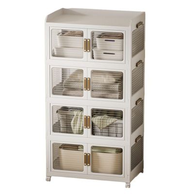 Foldable Plastic Storage Box with Lid and Wheels, Stackable, White, Medium