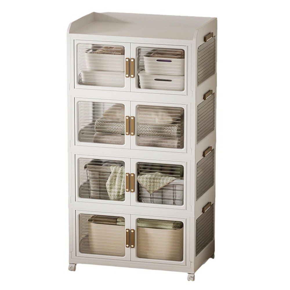 Foldable Plastic Storage Box with Lid and Wheels, Stackable, White, Medium