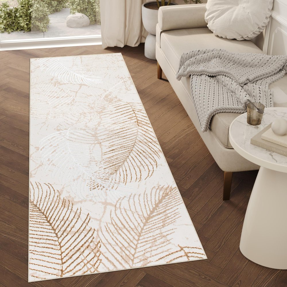 TAPISO Crystal Runner Rug, Shiny Gold Beige Brown Palm Leaf Design, 80 x 160 cm