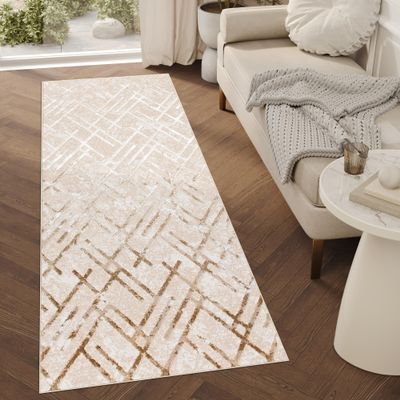 TAPISO Crystal Runner Rug, Glossy Gold, Beige and Cream, Line and Zigzag Pattern, Modern Design, KO-TEX, 100 x 220 cm