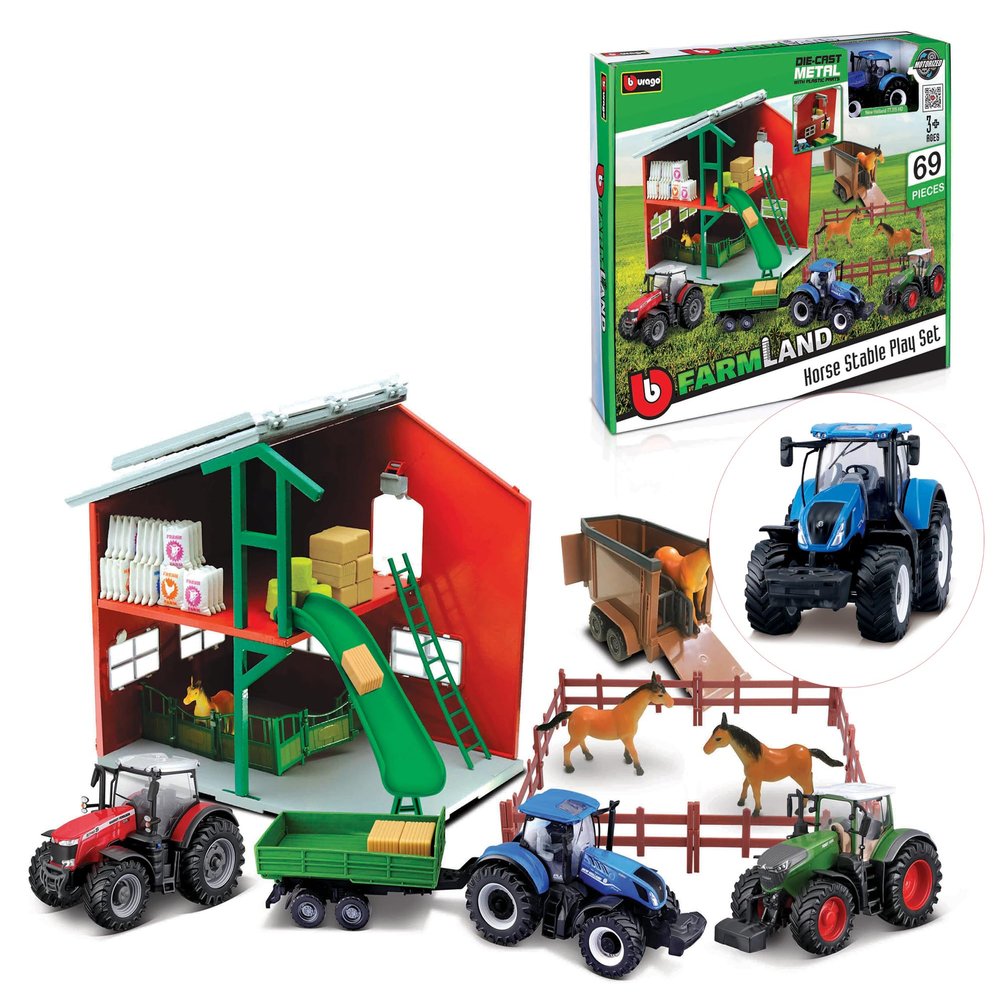 BBURAGO 69-Piece Farmland Set with Fendt 1050 Vario Tractor, Horse Stable & Horses, Green