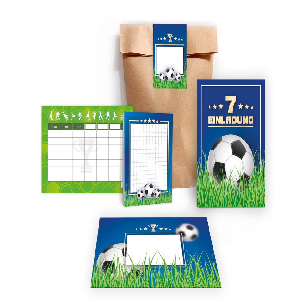 10 Football Invitations for a 7th Birthday, with Envelopes, Bags, Stickers, Notepads and Games
