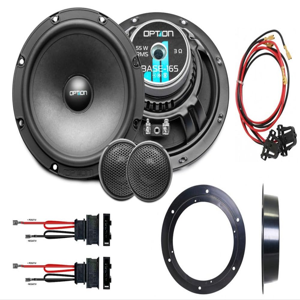 Option AE-1030 165 mm Component Speakers for VW Sharan (Type 7N) 2010-2014, 2-Way, 3 Ohms, 88 dB, Plug & Play, incl. Accessories