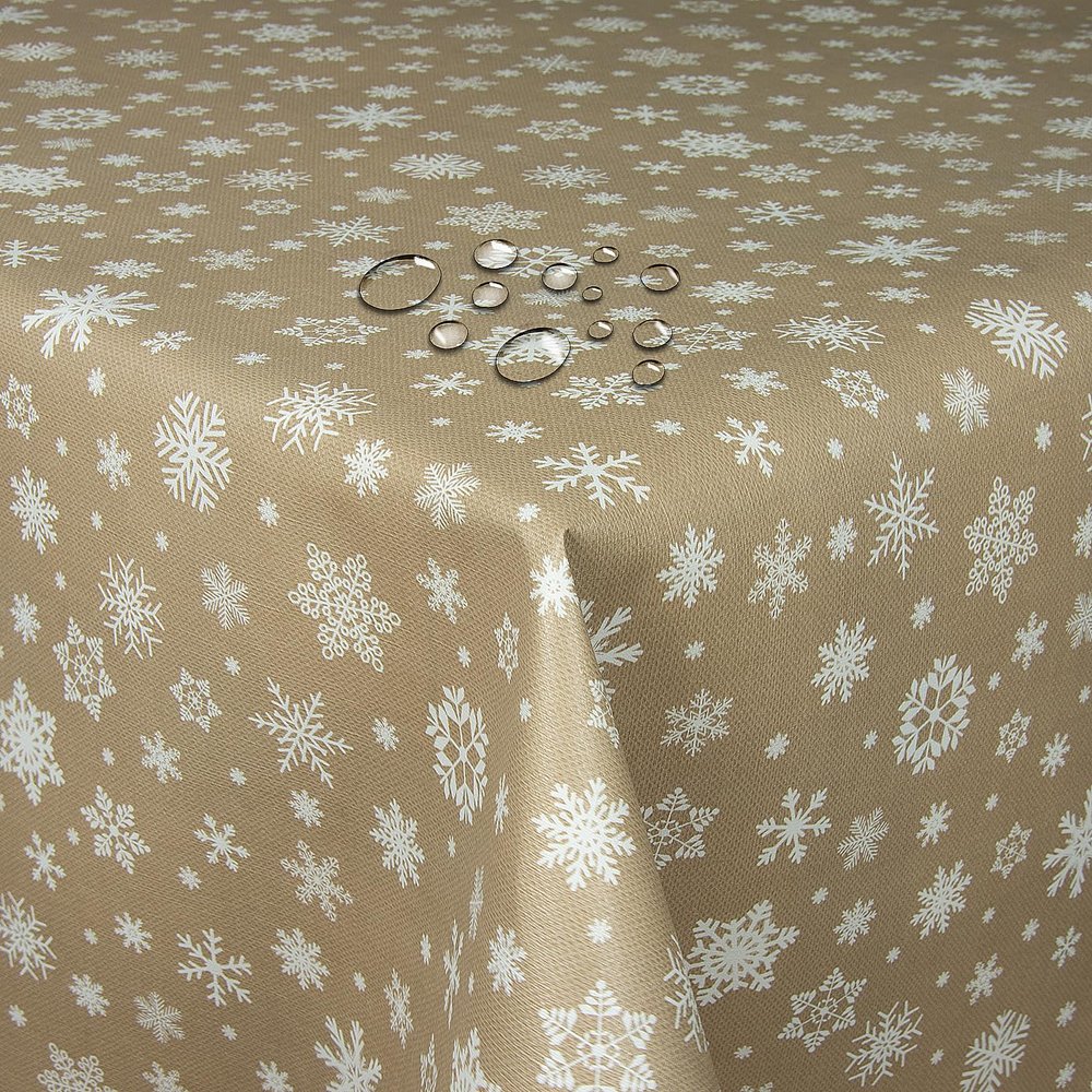 Beige Rectangular Christmas Oilcloth Tablecloth with Snowflakes, 80 x 430 cm, Washable