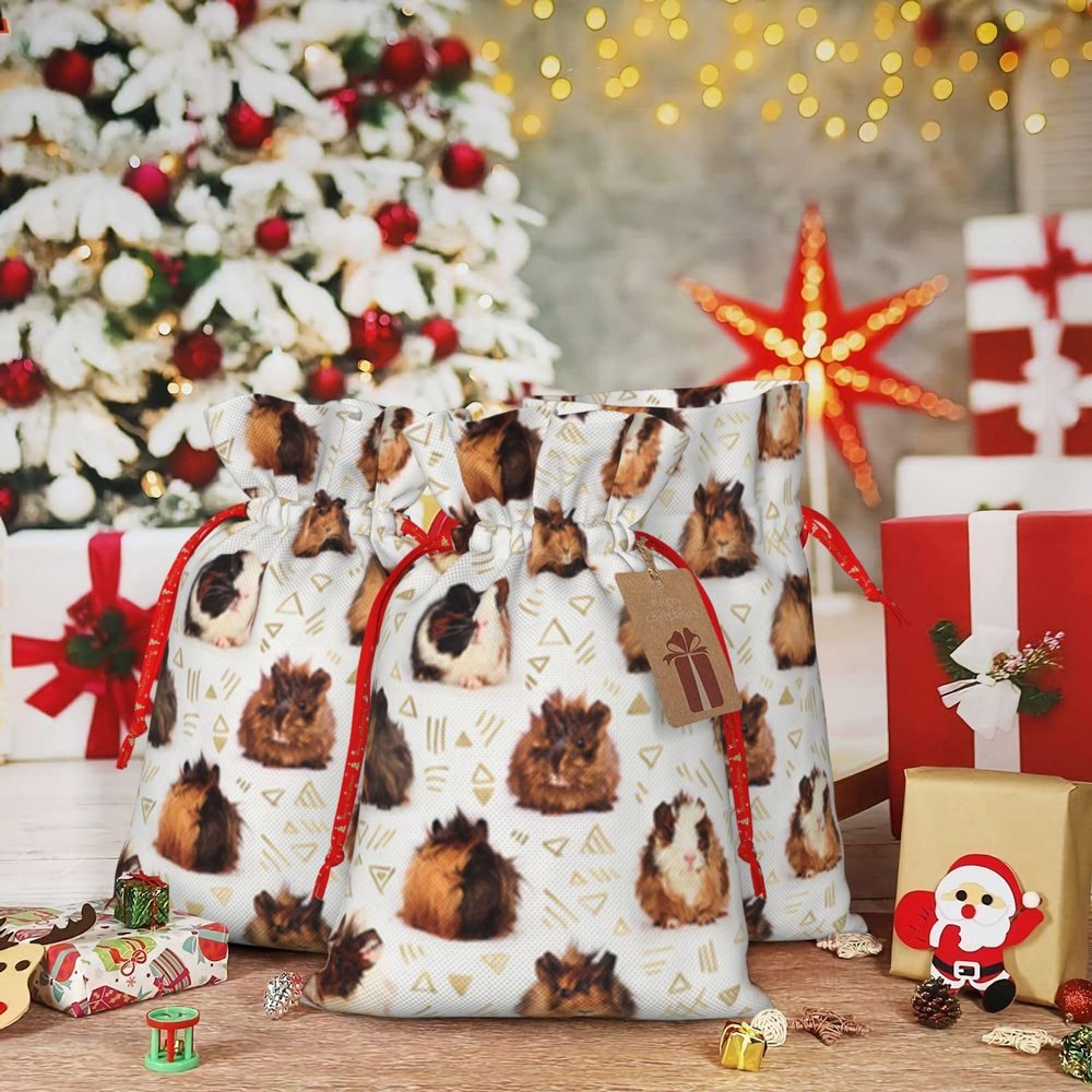Christmas Drawstring Gift Bags with Guinea Pig Print