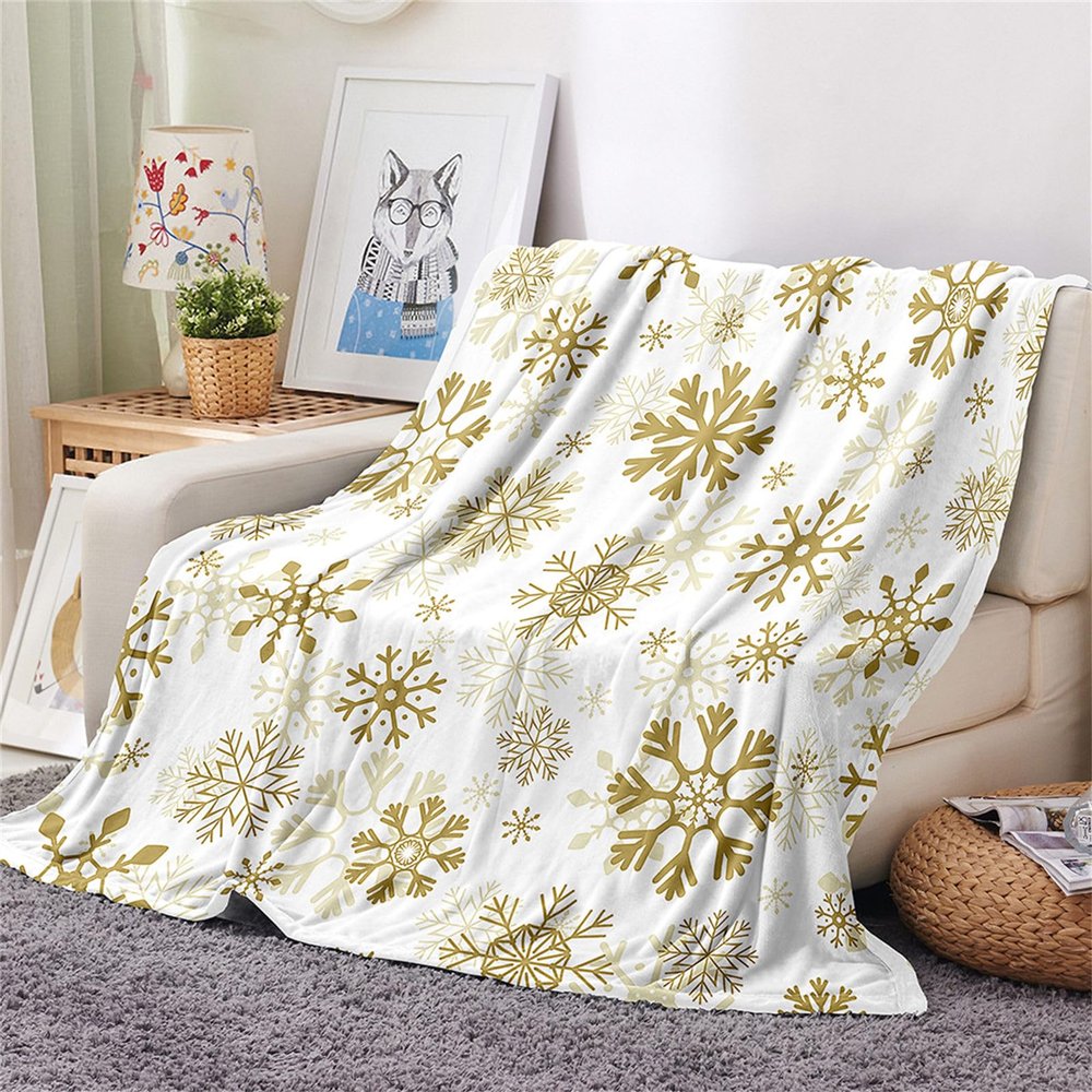 Chickwin Christmas Snowflake Flannel Fleece Throw Blanket, 31.5 x 47.24 in, Golden Snowflake A