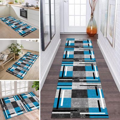 Washable Non-Slip Hallway Runner Rug, Gray/White/Blue, 80 x 400 cm
