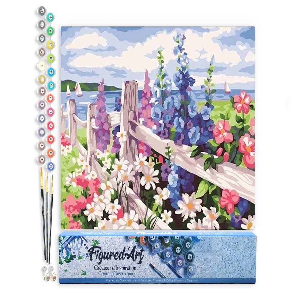 Figured'Art Paint by Numbers for Adults, Garden Fence and Flowers, DIY Kit, 40 x 50 cm, Unframed