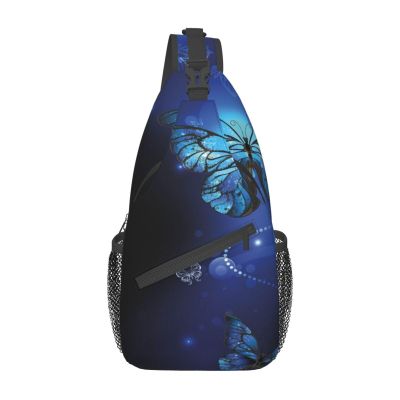 MKNAZ Bloom Sunflower Printed Shoulder Chest Bag for Men and Women, Lightweight Crossbody Bag for Hiking, Cycling and Travel, Dark Blue Butterflies, One Size