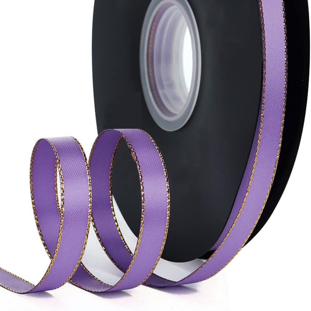 DUBMAG Fabric Ribbon for Gift Wrapping, Satin Double-Sided Ribbon with Gold Edges, Purple