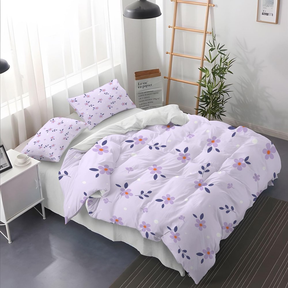 135x200 Purple Floral Duvet Cover Set, 3-Piece Microfiber Bedding