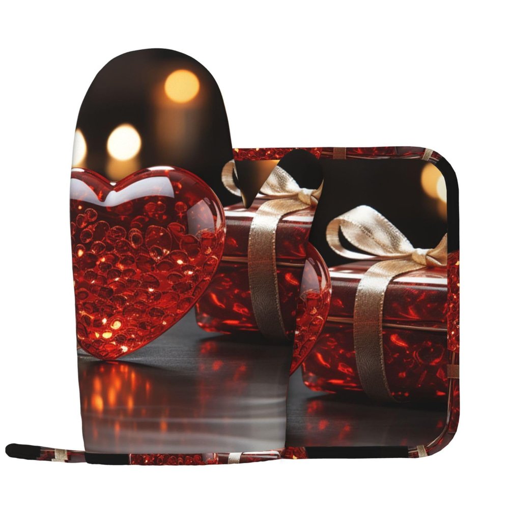 Red Love Printed Oven Mitt and Pot Holder Set, 2-Piece