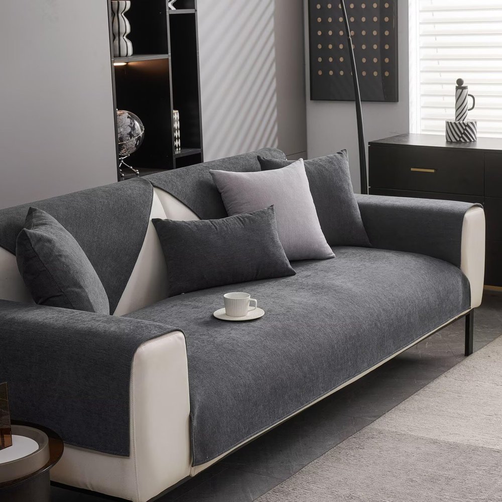 Dark Gray Chenille Sofa Cover, Non-Slip, 90 × 180 cm