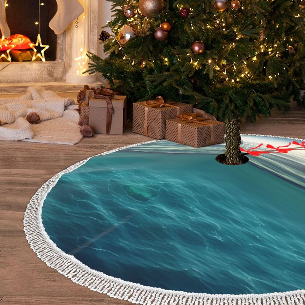 36-Inch Tassel Christmas Tree Skirt with Sea Background Design