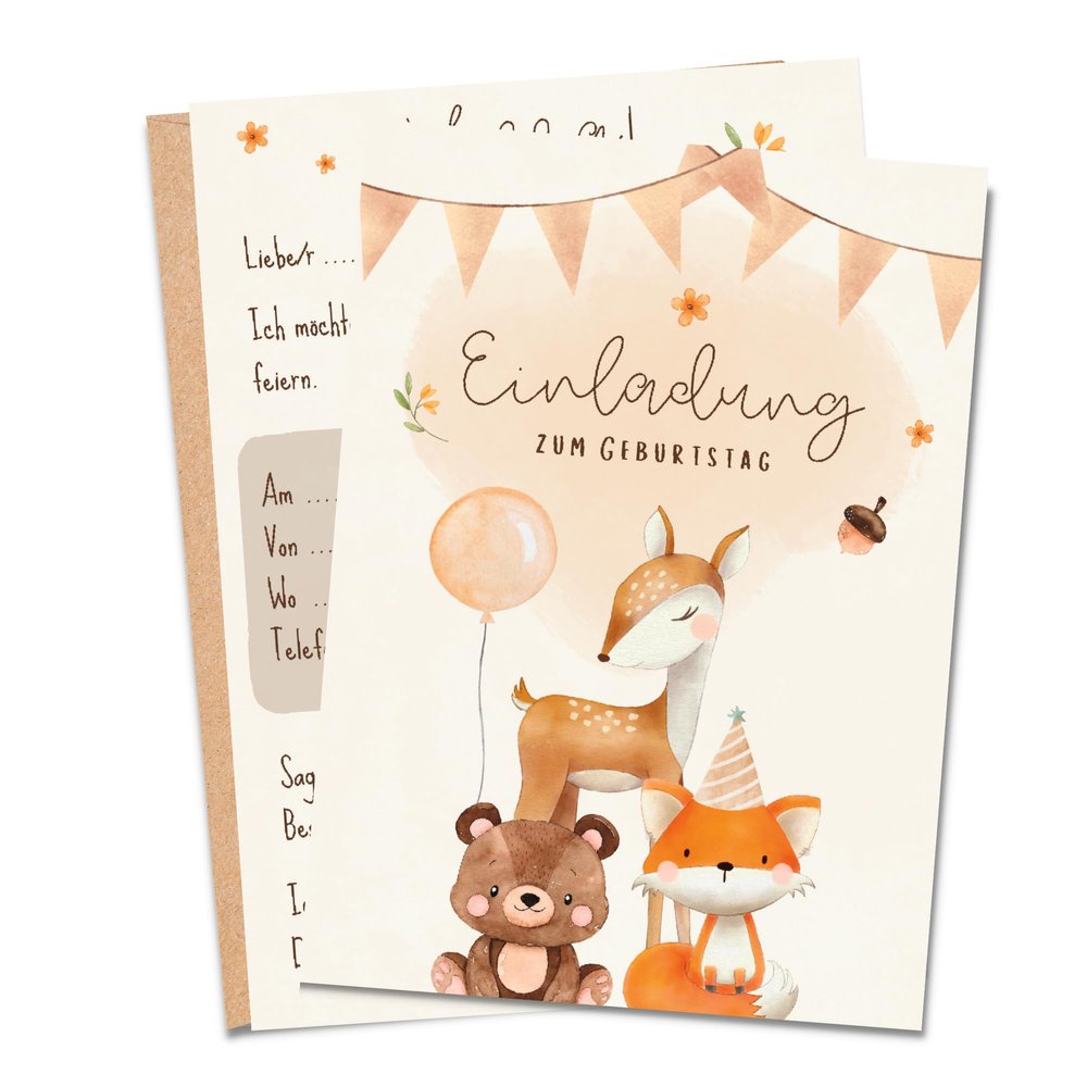 MeinBaby123 10 Kids' Birthday Invitations for Boys and Girls | Forest Animals Boho | Includes 10 Envelopes