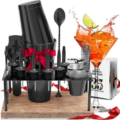 17-Piece Black Cocktail Shaker Set with Wooden Stand