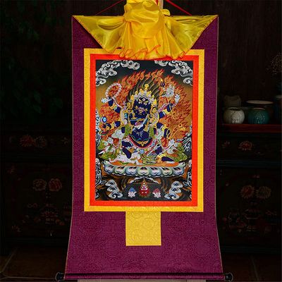 Buddhist Ornament, Tibetan Thangka, Six-Armed Mahakala, Thangka Painting, Buddhist Thangka Brocade, Buddha Wall Hanging with Scroll (Blue, Small, 35 cm x
