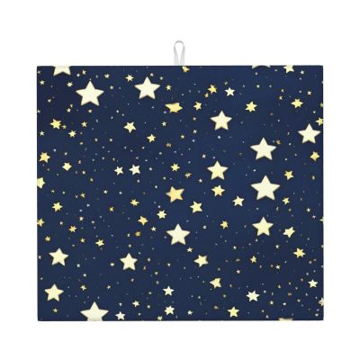 Dish-Drying Mat for Kitchen Counters, Dishwasher-Safe, 16 x 18 in, Navy Blue Sky and Star Print