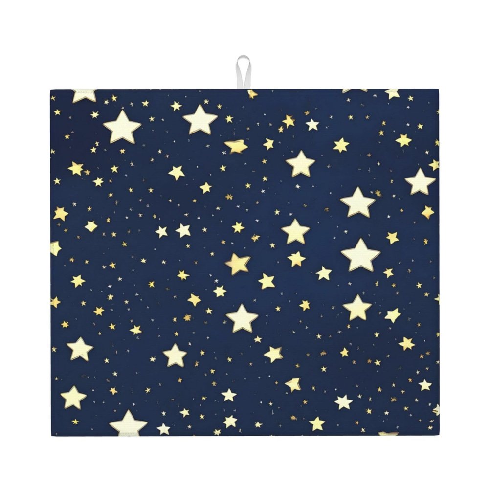 Dish-Drying Mat for Kitchen Counters, Dishwasher-Safe, 16 x 18 in, Navy Blue Sky and Star Print