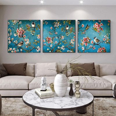 HOLEILUCK 3-Piece Flower and Bird Canvas Wall Art, Modern Living Room Decor, 33 x 33 in / 85 x 85 cm Each, Unframed