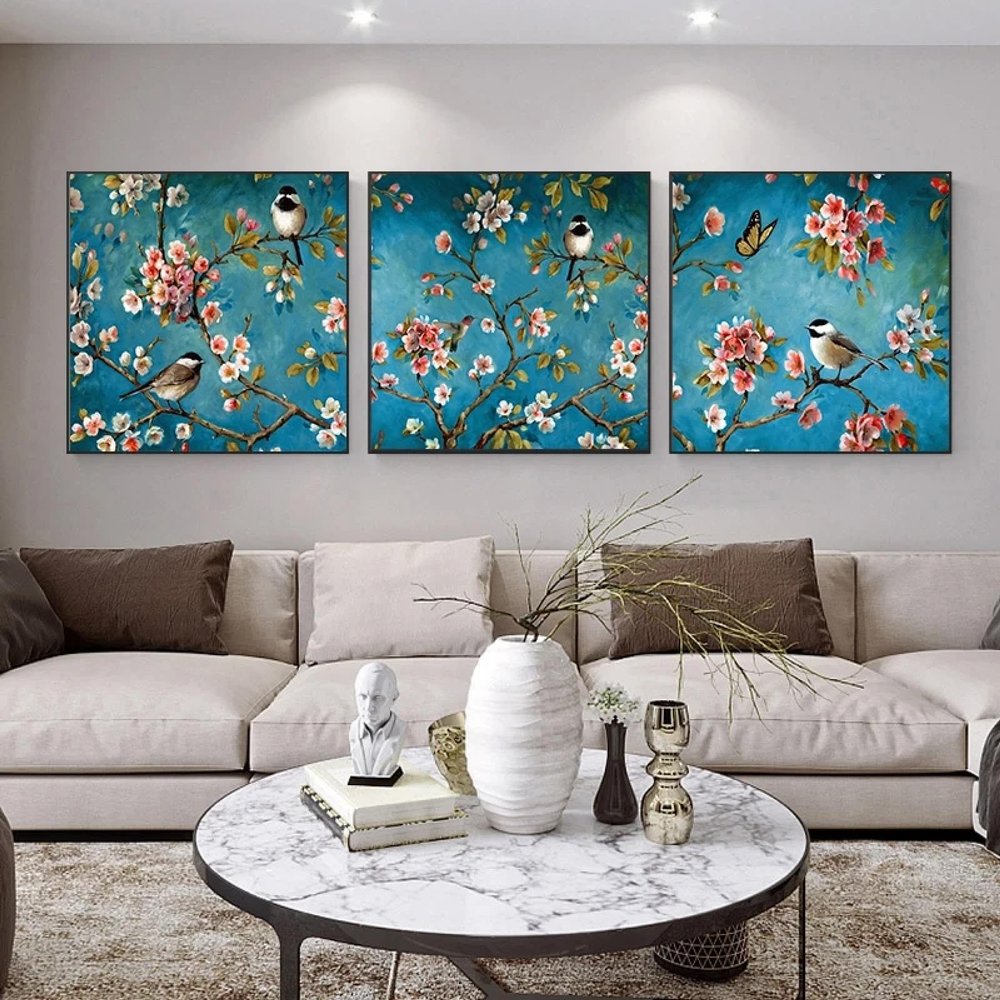 HOLEILUCK 3-Piece Flower and Bird Canvas Wall Art, Modern Living Room Decor, 33 x 33 in / 85 x 85 cm Each, Unframed