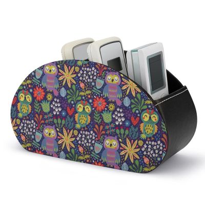 FWJZDSP Elegant PU Leather TV Remote Holder with 5 Compartments, Owls with Flowers