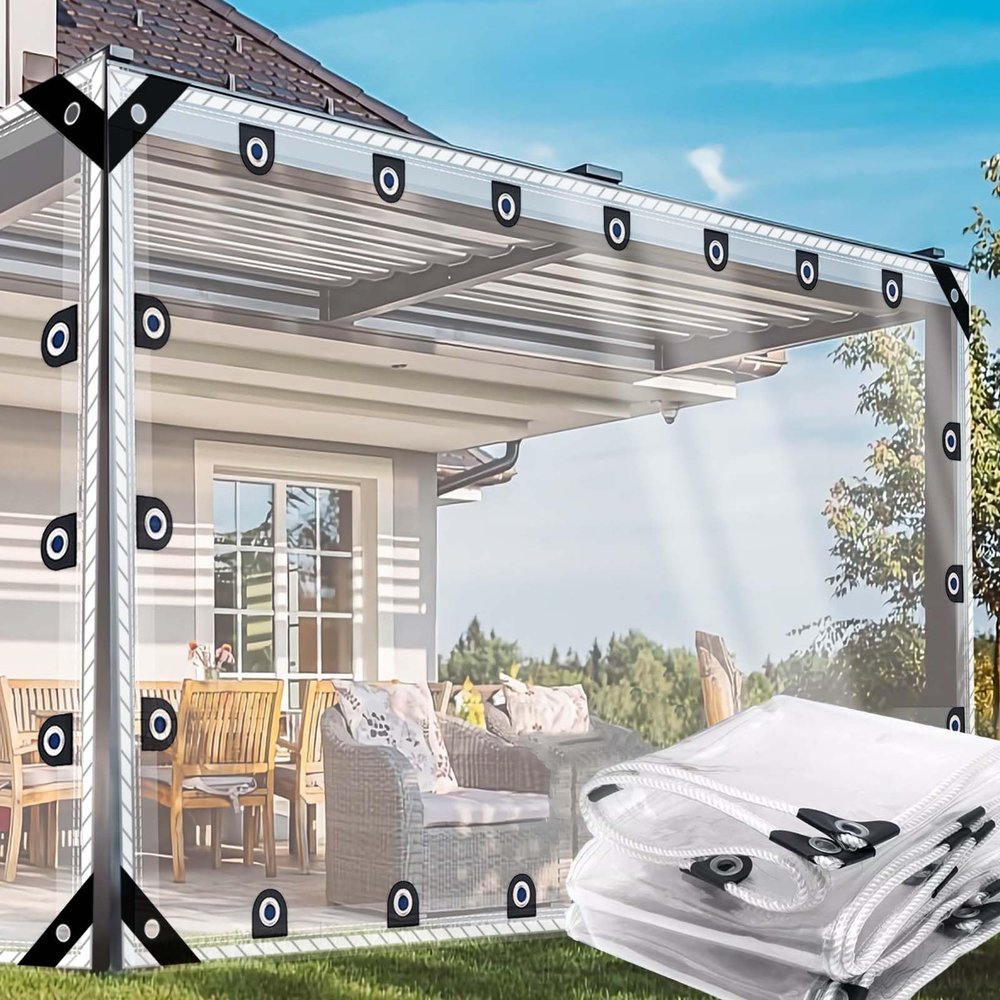 Waterproof Cover Tarp 3.7 x 4.2 m, Transparent PVC 0.55 mm, Weatherproof, with Grommets and Rope