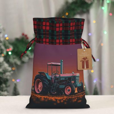 DEHIWI Tractor Buffalo Plaid Drawstring Gift Bags, Jute Christmas Sacks with Tags
