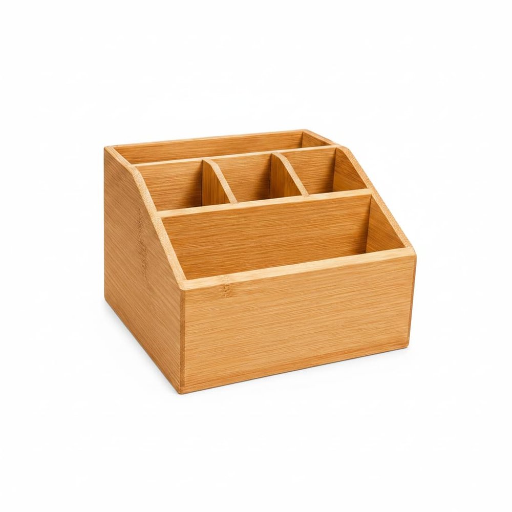 hausleben Bamboo Desk Organizer, 5 Compartments, Pen Holder & Office Organizer, 16 x 15 x 11 cm