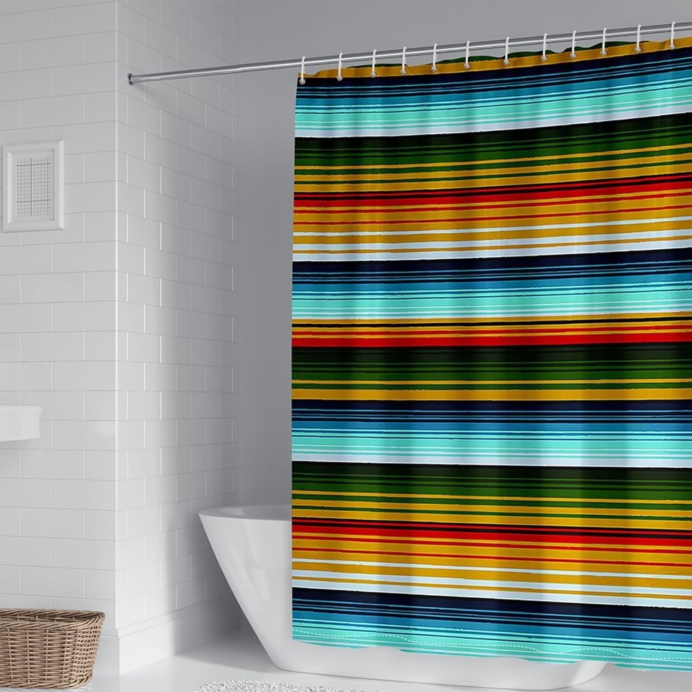 Homxi Shower Curtain, 65 W x 78 H in, Blue Green Orange Stripes