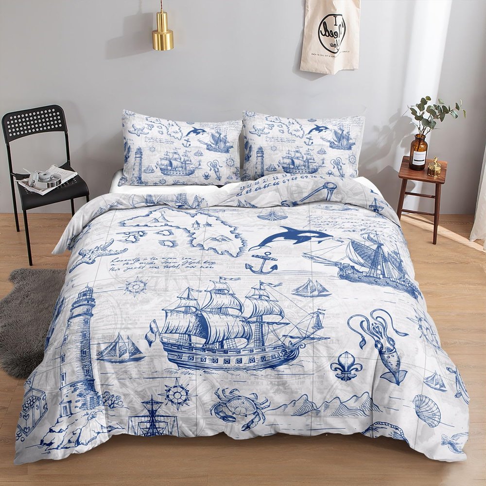 HOSIMA Nautical-Themed Bedding Set – Duvet Cover with 2 Pillowcases for Adults, Boys and Girls (S)