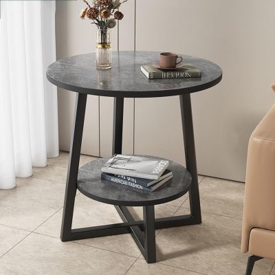 Metal Side Table with 2 Tiers, Round Sofa Table with Storage Shelf, Gray, 60 cm/20.3 in