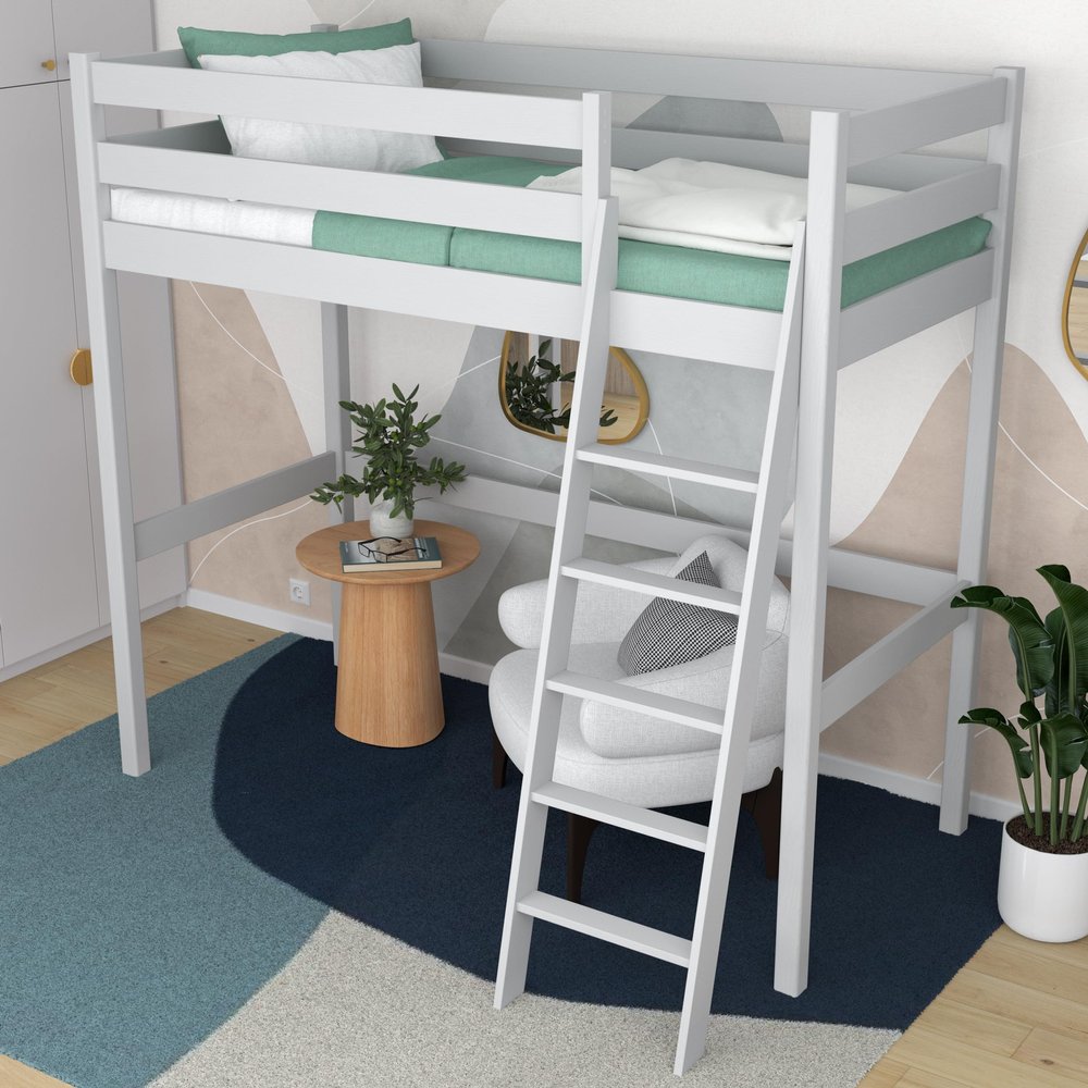 N-wood N03 Wooden Loft Bed, 80 x 190 cm, Bunk Bed, Left- or Right-Side Ladder, Rounded Edges, Solid Wood, Gray