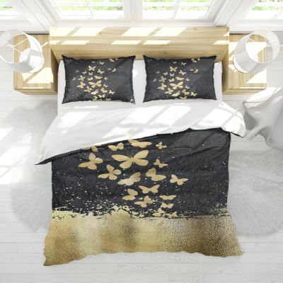 DINGSION Neutral 3-Piece Duvet Cover Set, Abstract Golden Butterfly, Black Soft Microfiber, 2 Pillowcases, 4 Ties, Zipper, 260 x 240 cm