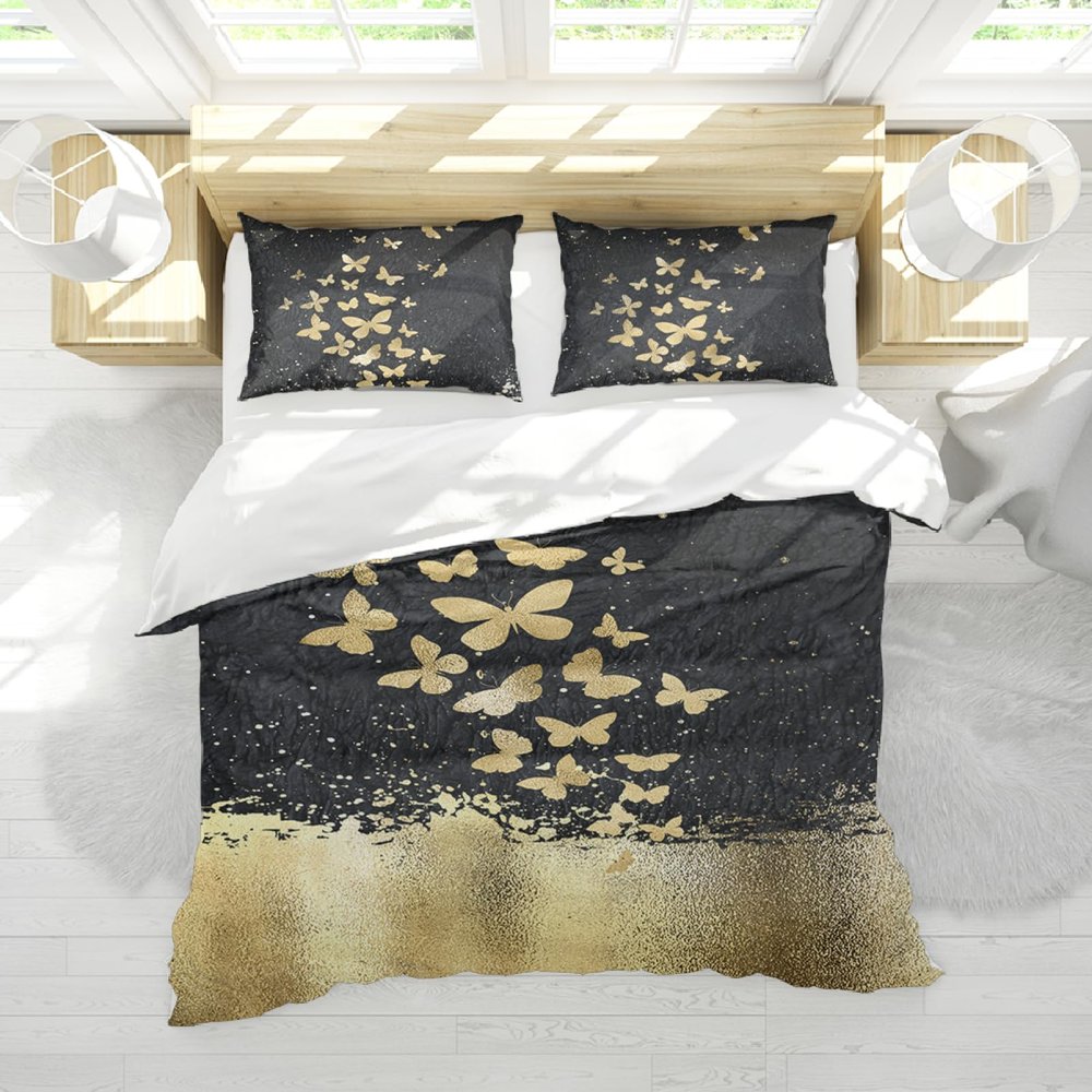 DINGSION Neutral 3-Piece Duvet Cover Set, Abstract Golden Butterfly, Black Soft Microfiber, 2 Pillowcases, 4 Ties, Zipper, 260 x 240 cm