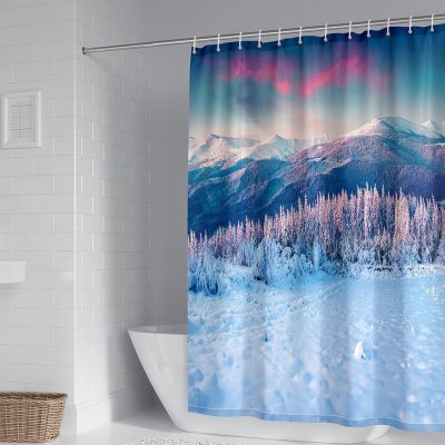 Homxi Shower Curtain, Snowy Landscape, Blue, 200 W x 200 H cm, Polyester with Hooks