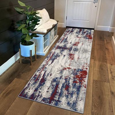 Siunwdiy Gray, Blue and Red Runner Rug, 120 x 340 cm, Non-Slip and Washable