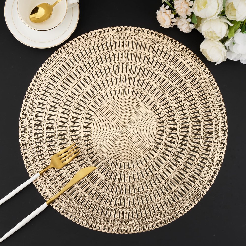 Evevda Round Vinyl Placemats, Metallic Gold, 6-Pack
