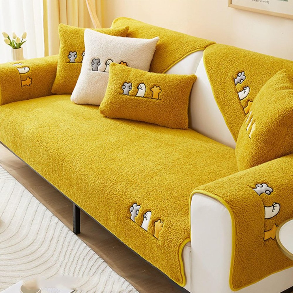 YWQJL Velvet Sofa Cover, 1/2/3/4-Seater and L-Shaped, Anti-Slip, Yellow, 35.4 x 35.4 in