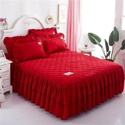 Morbuy Ruffled Bed Skirt Set, 3 Pieces, Red, 120 x 200 cm + 2 Pillowcases