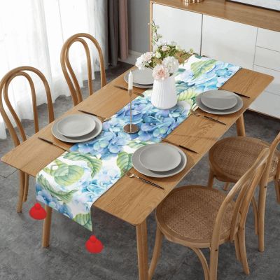 Hydrangea Watercolor Print Linen Table Runner, Christmas & Halloween Tablecloth, One Size