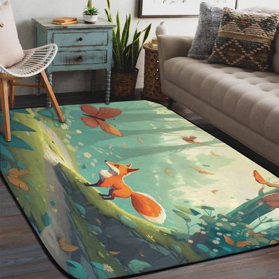 WowPrint Cute Cartoon Forest Fox Area Rug, 58 x 80 in, Washable Non-Slip Rug