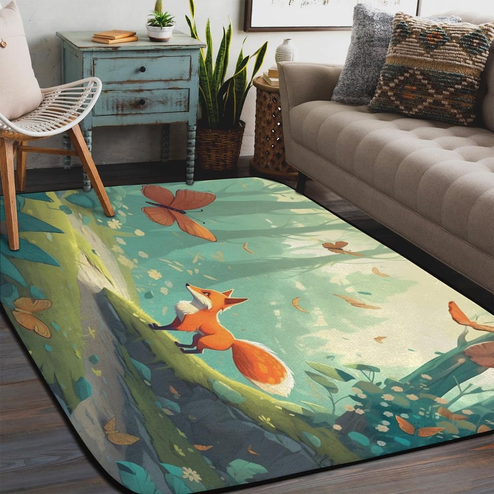 WowPrint Cute Cartoon Forest Fox Area Rug, 58 x 80 in, Washable Non-Slip Rug