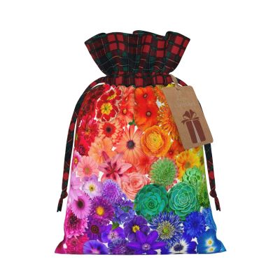Drawstring Gift Bag, Rainbow Flowers Patchwork Jute, Artistic Fabric