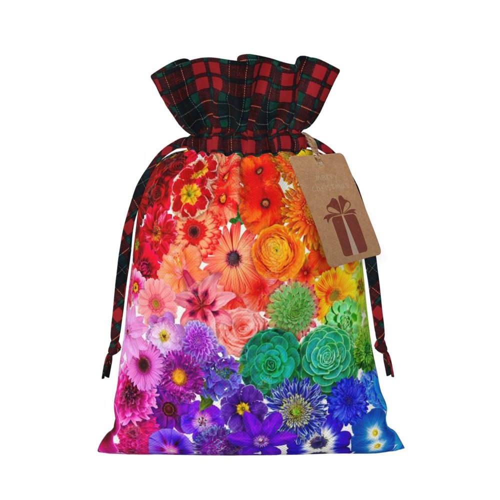 Drawstring Gift Bag, Rainbow Flowers Patchwork Jute, Artistic Fabric