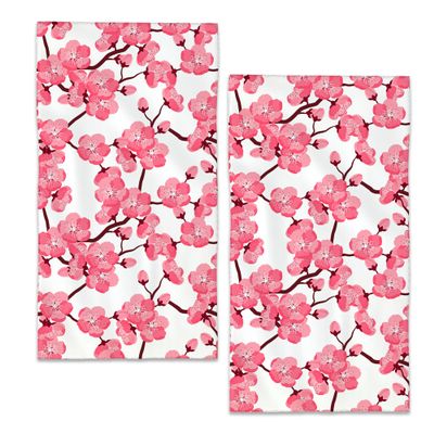 BIGXIUKA Japanese Cherry Blossom Bathroom Towels, Red Sakura, 2-Piece Set