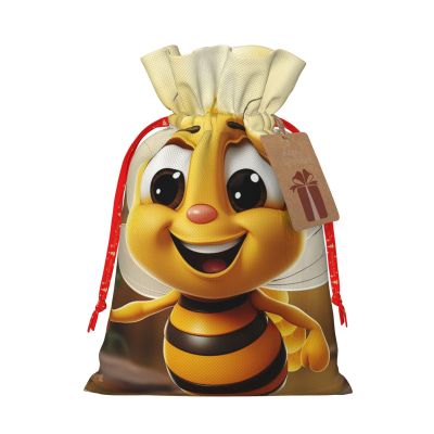 Dwrepo Honey Bee Print Christmas Burlap Drawstring Gift Bags, Reusable Favor Sacks